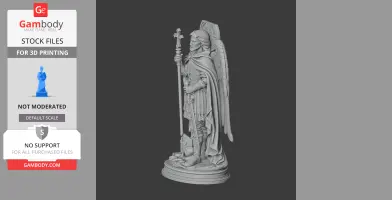 A detailed 3D model of a winged, armored figure holding a staff with a cross, wearing a cape.