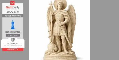 Angel statue with wings, halo, cross staff, and sword on ornate base, ideal for 3D printing.