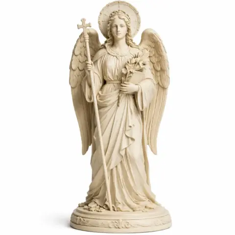 A detailed statue of a winged saint holding a staff and flowers, draped in flowing robes.