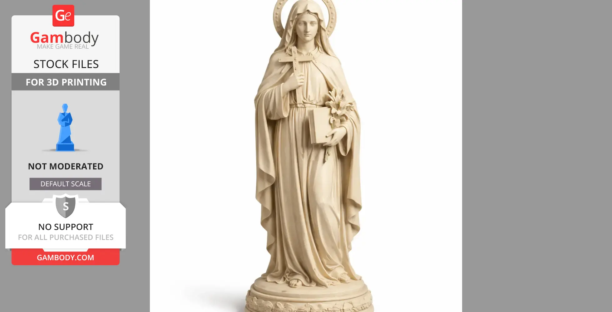Female statue in robe holding cross, book, and lilies, with halo, on ornate pedestal.