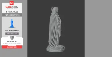 Statue of a cloaked figure in a devotional pose, standing on a round, decoratively edged base.