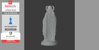 Veiled statue with halo, adorned robe, stands on decorated base.