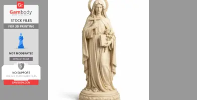Female statue in robe holding cross, book, and lilies, with halo, on ornate pedestal.