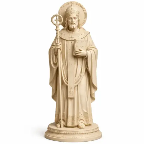 A detailed 3D model of a robed figure holding a staff, wearing a bishop's mitre and cloak.
