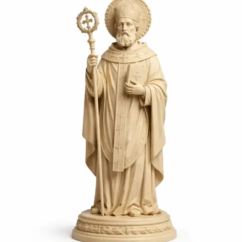 A robed statue of a saint holding a staff, standing on an ornate base.
