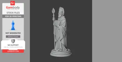 A detailed 3D model of a robed saint holding a staff, standing on an ornate base.