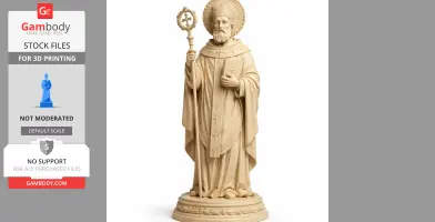 Devotional statue of Saint Aspren holding a staff, in detailed robes, standing on a decorative base.