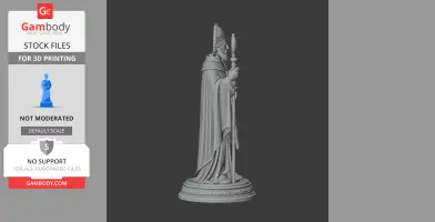 A 3D model of a bishop-like figure holding a staff, wearing robes, and standing on a detailed base.