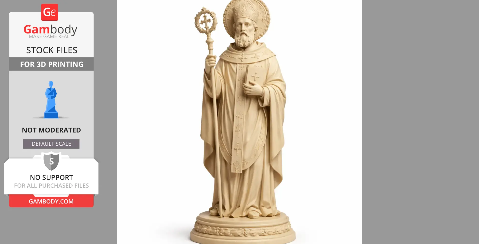 Devotional statue of Saint Aspren holding a staff, in detailed robes, standing on a decorative base.