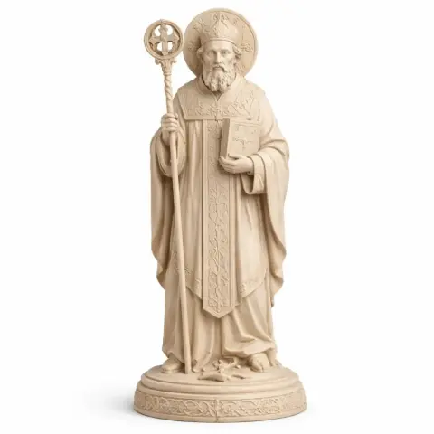 A detailed 3D model of a robed, bearded saint holding a staff and book, standing on a decorative base.