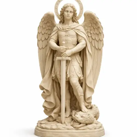 A 3D-printed angelic figure with wings, holding a sword, standing on a dragon or serpent.