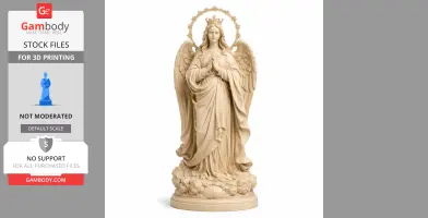 A statue of Mary with wings, a halo, and a crown, standing on a cloud-like base.
