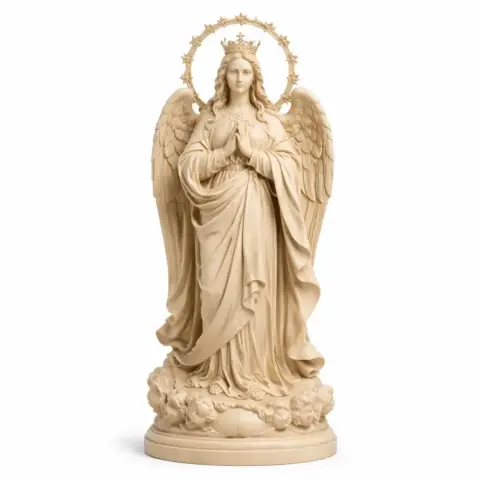 A 3D printable statue of the Assumption of Mary with wings and a halo.