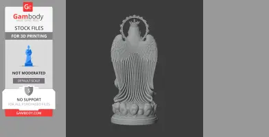 Winged statue of Mary with a halo and crown, surrounded by angelic faces at the base.