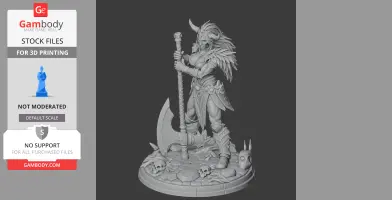 A detailed warrior figure with an axe, wearing armor and feathers, standing on a decorated base with skulls.