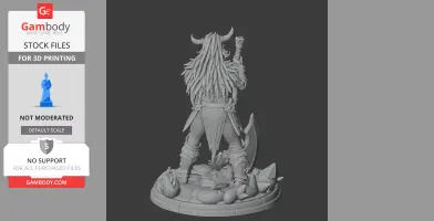 A horned warrior figure with axe and fur cloak stands on a rocky base, viewed from behind.
