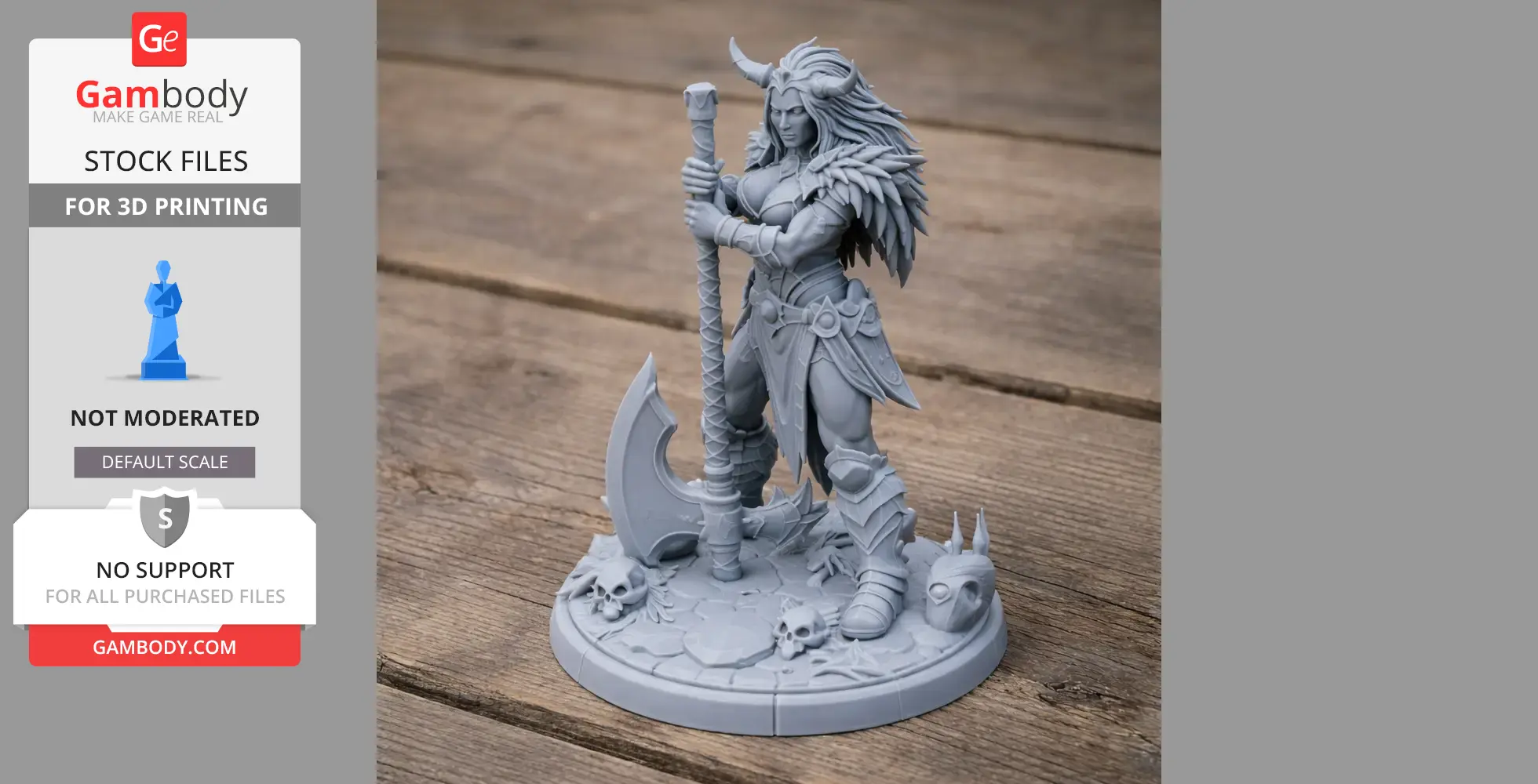 A warrior figure with horns and an axe stands on a detailed base with skulls.