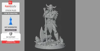 Warrior figure with horned helmet, holding an axe, standing on a detailed base with skulls and bones.