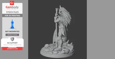 A warrior figure with a spear, wearing detailed armor and feathers, stands on a base with skulls and spikes.