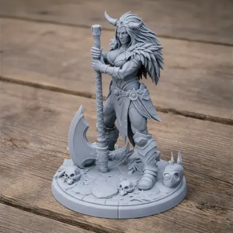 A warrior figure with a horned helmet, axe, detailed armor, and skulls on the base for 3D printing.