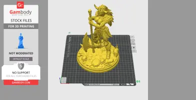 A warrior figure with horned armor holding an axe, standing on a skull-adorned base.