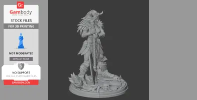 A warrior figure in armor with a spear, standing on a base with bones and skulls, ready for 3D printing.