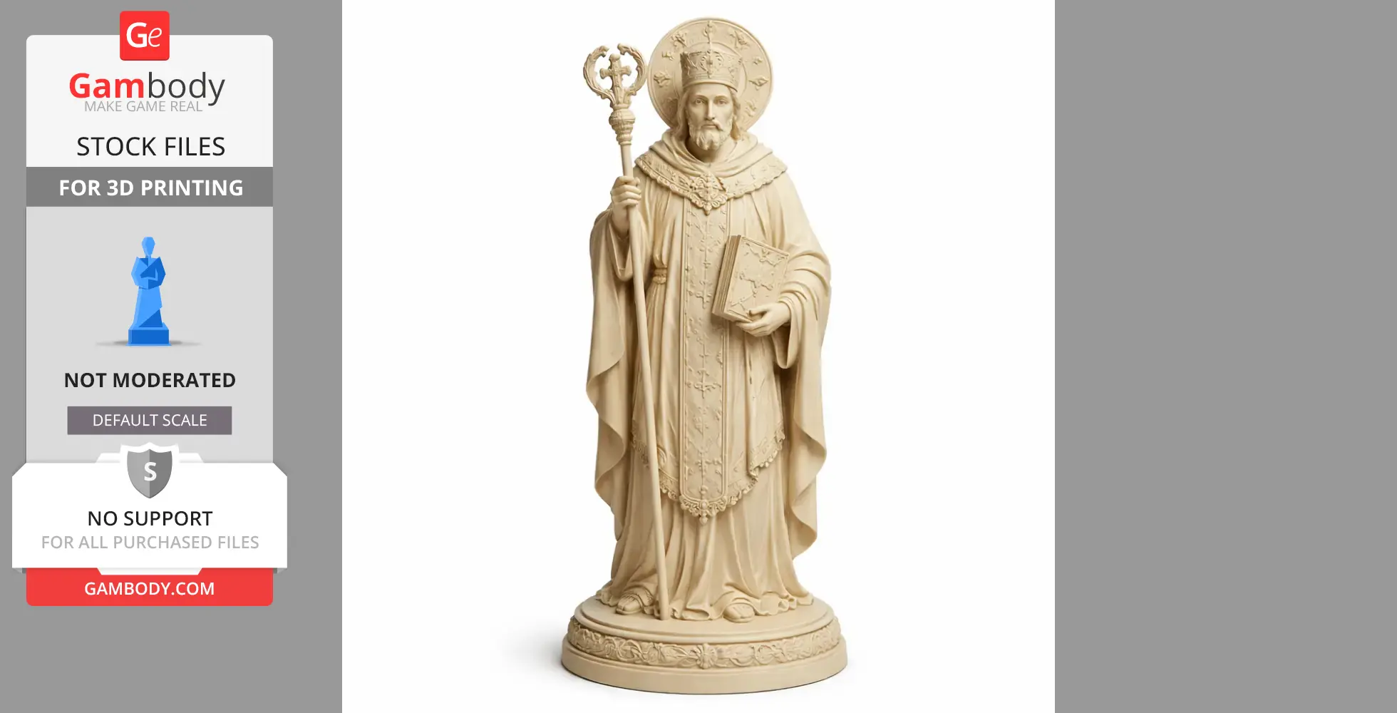 A detailed statue of a saint holding a staff and book, adorned in robes with intricate patterns.