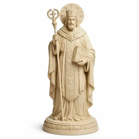 A detailed statue of a bearded saint holding a staff and a book, wearing ornate robes and a halo.