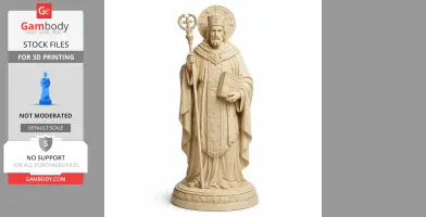 A detailed statue of a saint holding a staff and book, adorned in robes with intricate patterns.