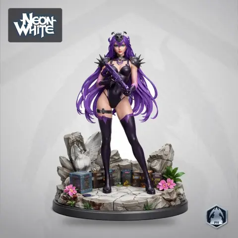 Purple-haired character in a black outfit stands on a detailed base with stones and pink flowers.