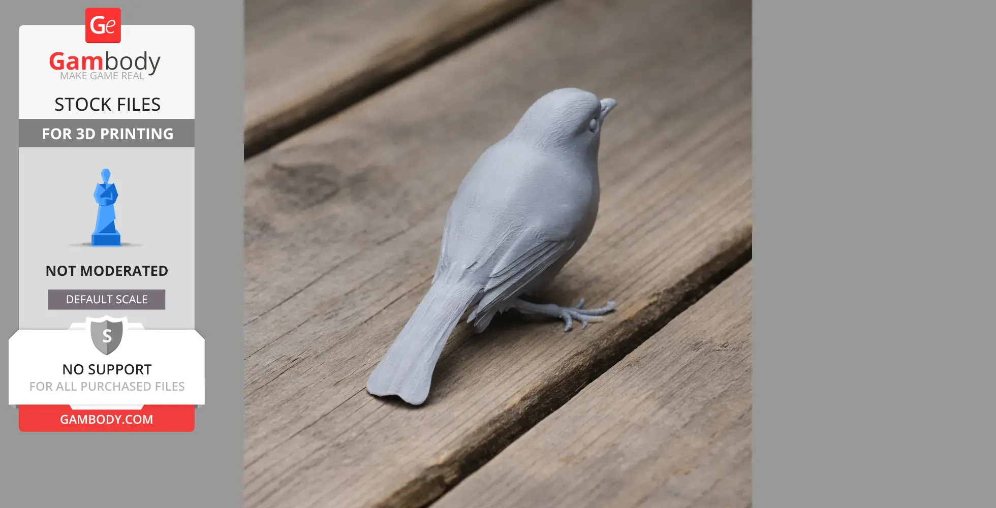A gray 3D printed bird model on a wooden surface, detailed with feathers and perched stance.