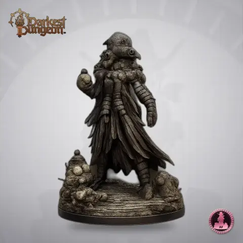 A detailed 3D model of a Plague Doctor from Darkest Dungeon II, with mask and cloak, ready for printing.