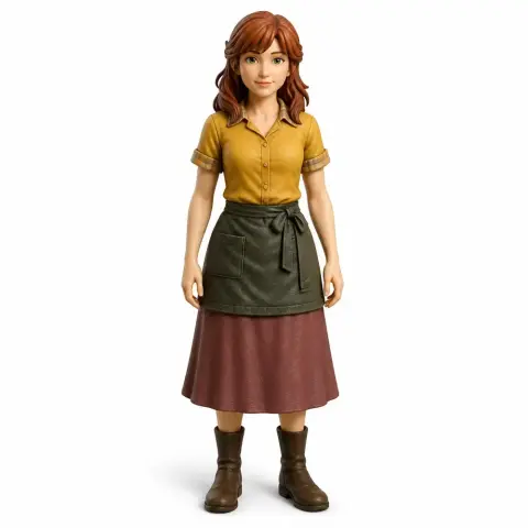 Female figurine with brown hair, yellow shirt, green apron, and burgundy skirt, standing in boots.