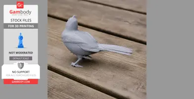 Gray 3D-printed model of a bird, shown on a wooden surface, facing away.