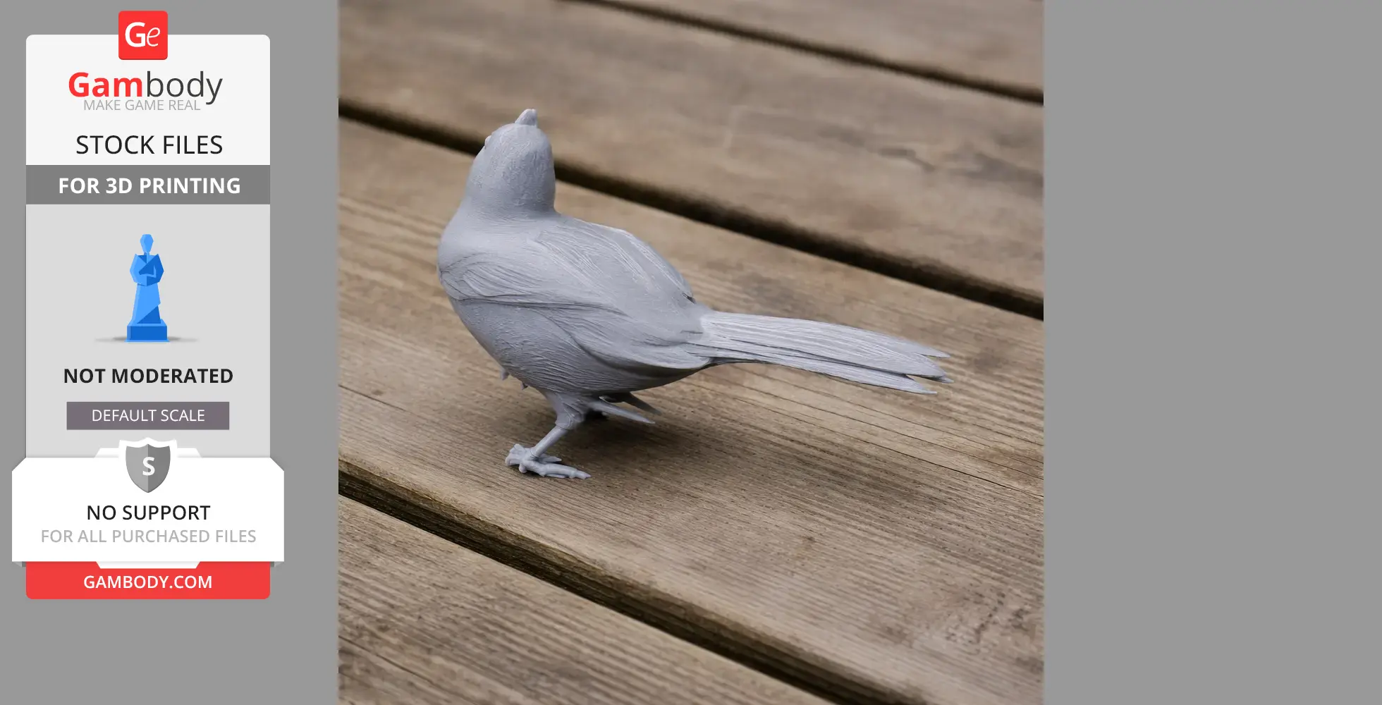 Gray 3D-printed model of a bird, shown on a wooden surface, facing away.