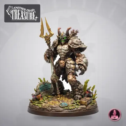 Armored crab warrior figure holding a trident stands on a detailed base with marine debris.