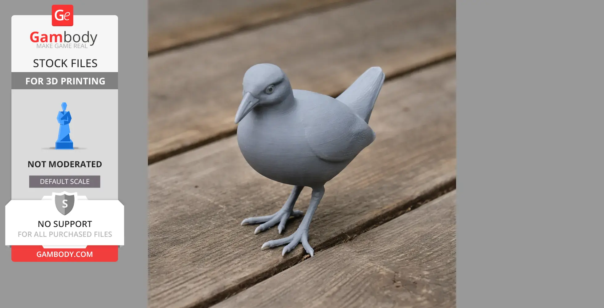 A 3D-printed model of a bar-winged rail, standing on a wooden surface.