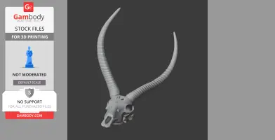 3D model of a waterbuck skull with long, curved horns, designed for 3D printing.
