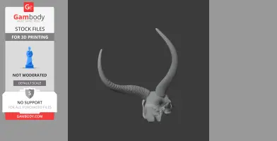 A 3D model of a waterbuck skull with long, curved horns, designed for 3D printing.