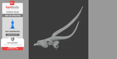 A 3D model of a waterbuck skull with long, curved horns, designed for 3D printing.
