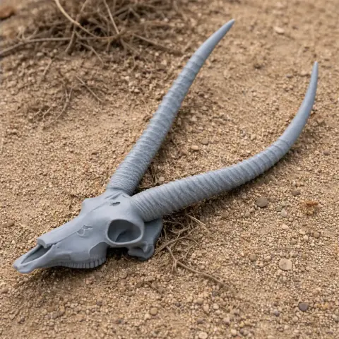 A 3D printed waterbuck skull replica with long, curved horns, resting on sandy ground.