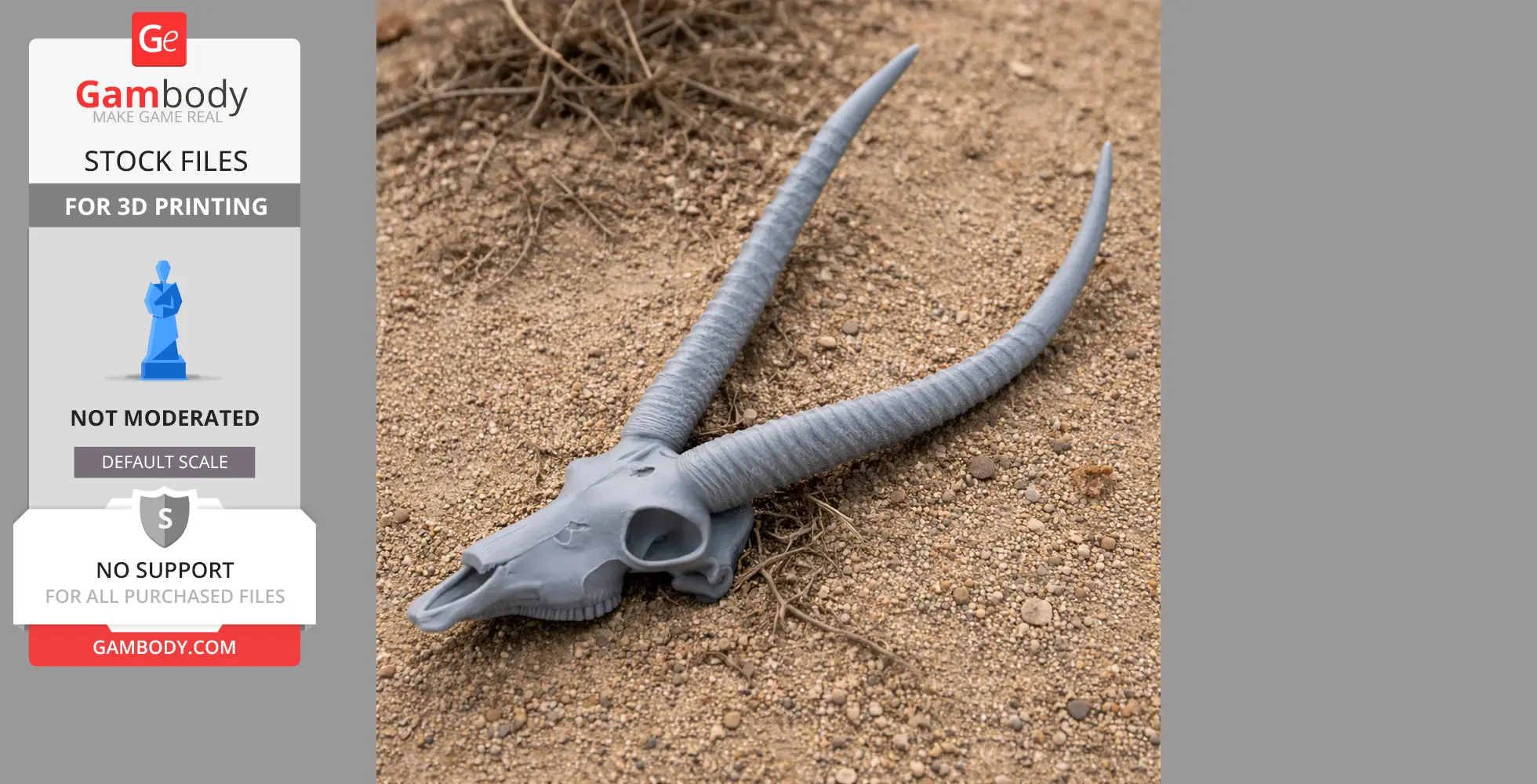 A 3D-printed waterbuck skull replica with long, curved horns on sandy ground.