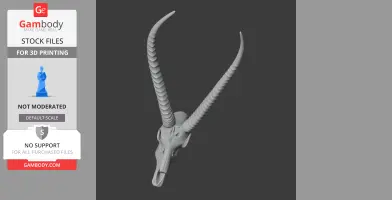 3D model of a waterbuck skull with long, curved, ridged horns for printing.