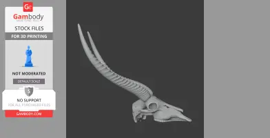 3D model of a waterbuck skull with long, textured horns, designed for 3D printing.