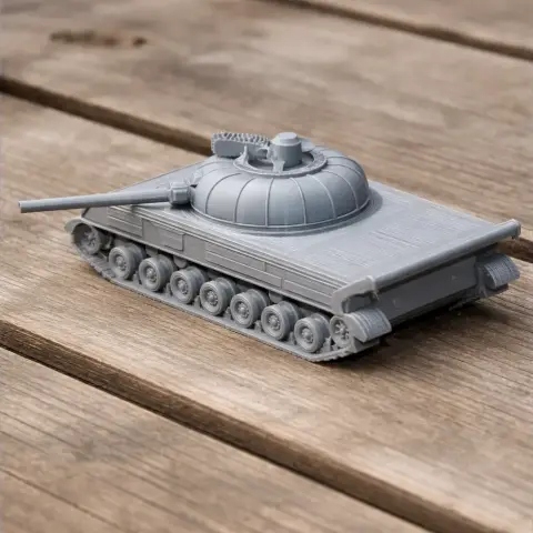 Gray 3D-printed tank model of Object 430 on a wooden surface.