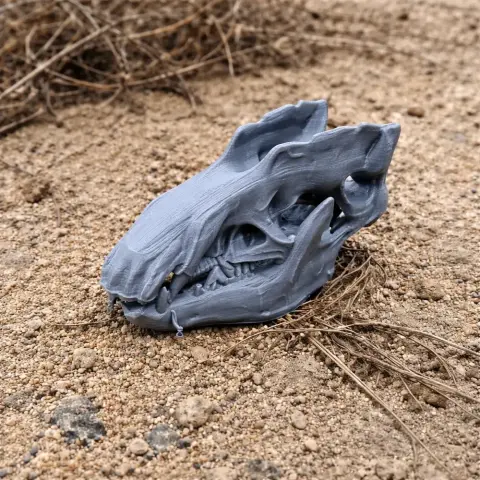 A 3D printed replica of a web-footed tenrec skull, displayed on sandy terrain with some dry twigs.