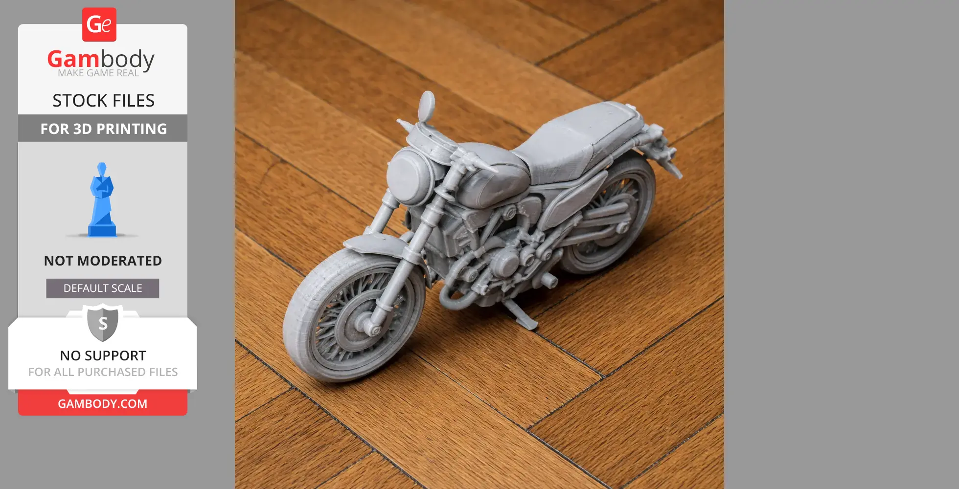 3D-printed Ducati Scrambler model on wooden floor, showcasing intricate motorcycle details.