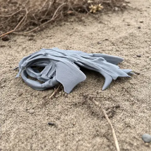 Curved, fossil-like 3D-printed shape resembling a fish skull on sandy ground.