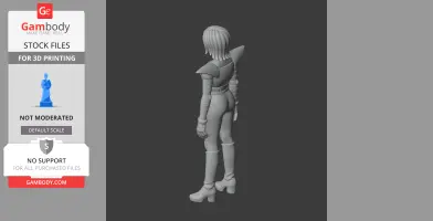 A 3D model of a humanoid character with shoulder armor and long boots, viewed from the back.
