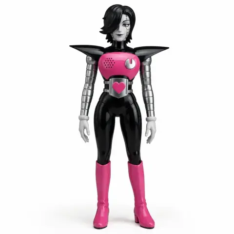 Futuristic humanoid figure with black and pink armor, metallic limbs, and a heart on the chest.